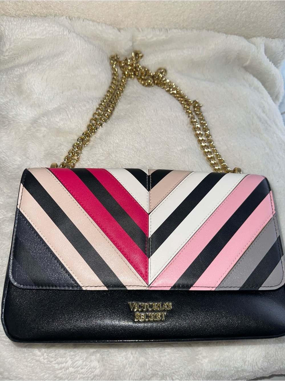 Victoria's Secret Black & Pink Chevron Chain Shoulder Bag